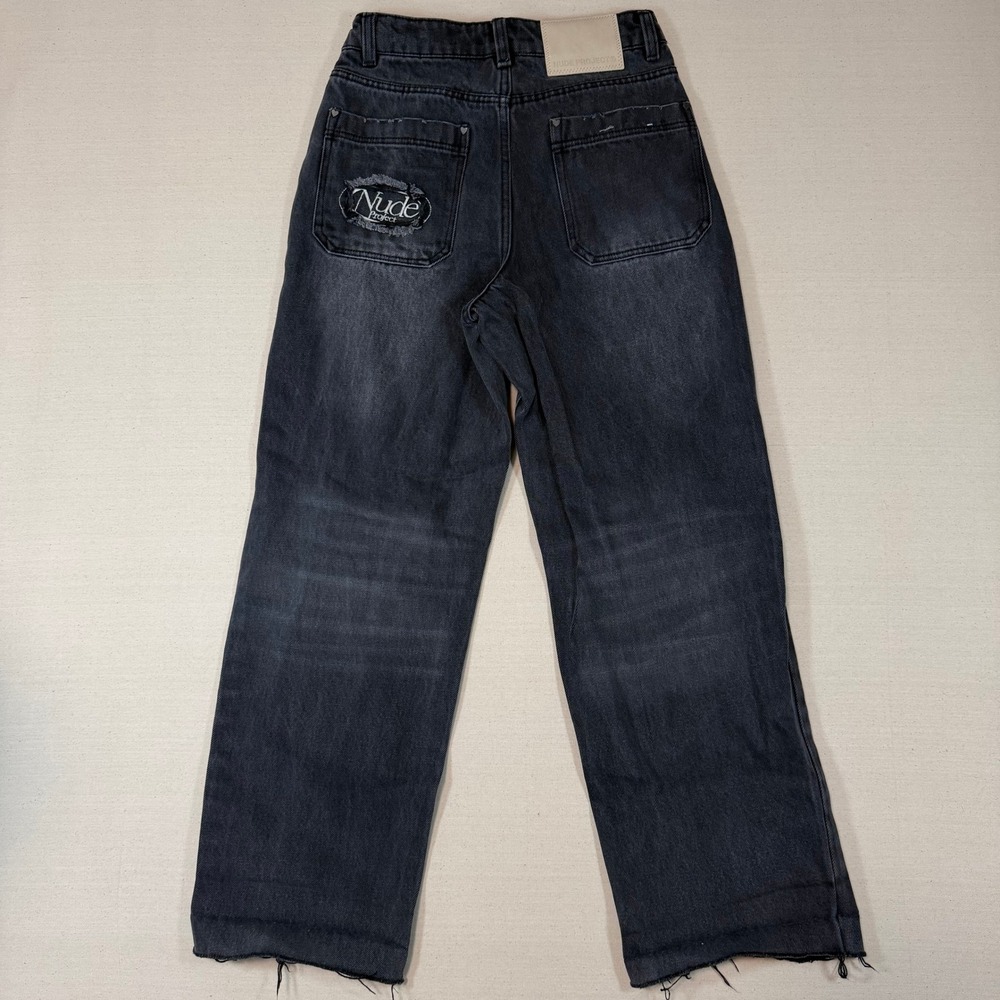 Nude Project Womens Wide Leg Jeans Black Heart Embroidery XS Y2K Streetwear